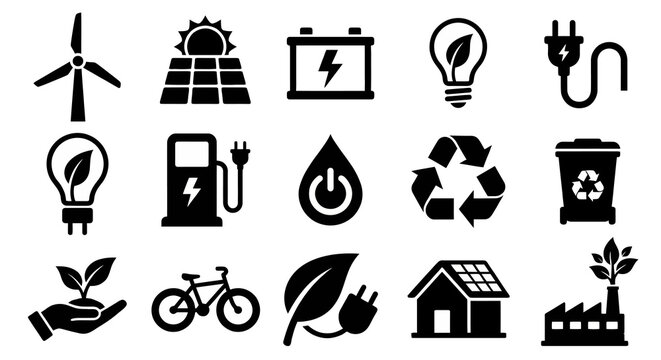 Solid black icons for renewable energy and sustainability. Solar panels, wind turbines, and green tech collection. Vector illustration for ecology apps, ESG reports, and clean energy branding concepts