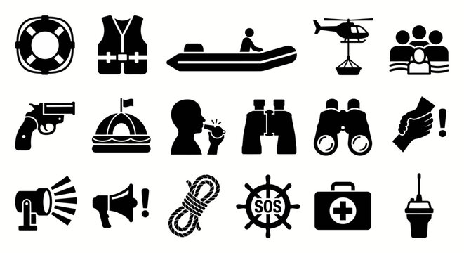 Solid black icons for maritime safety and sea rescue. Lifebuoy, life jacket, and rescue helicopter collection. Vector illustration for emergency services, naval training, and maritime safety education