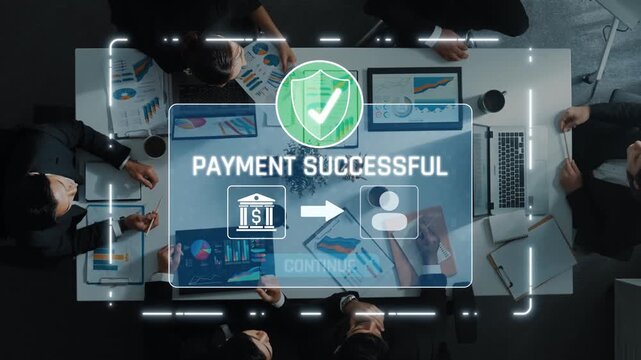 Digital payment confirmation displays successful transaction in a collaborative office setting, emphasizing teamwork and financial planning with analytical charts. Raster