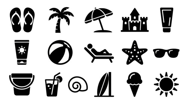 Solid black icons for beach life and coastal leisure. Summer vacation, tropical relaxation, and seaside gear collection. Vector illustration for travel agencies, summer apps, and lifestyle blog concep