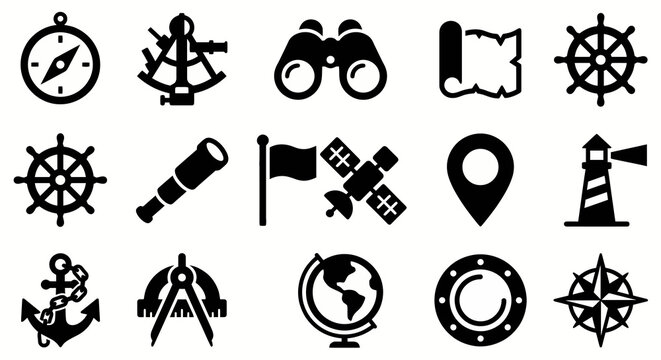 Solid black icons for maritime navigation and mapping. Nautical tools, GPS equipment, and orientation collection. Vector illustration for travel apps, naval history, and adventure exploration concepts