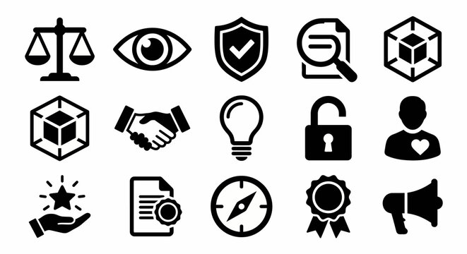 Solid black icons for corporate ethics and transparency. Integrity, audit tools, and honesty collection. Vector illustration for compliance software, legal services, and business accountability concep