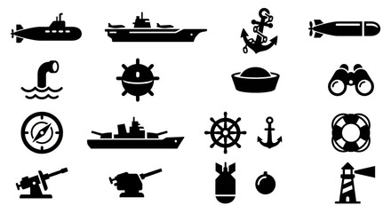 Solid black icons for navy and naval operations. Submarine, battleship, and maritime defense collection. Vector illustration for military history, naval strategy games, and ocean security concepts. Bl © VectorGomes