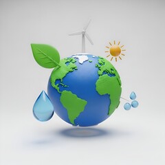 Naklejka premium Sustainability 3d Icon of the Planet Earth with Green Leaf Renewable Energy Windmill Sun and Water Drops for Environmental Protection and Eco Awareness