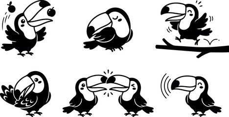 Obraz premium Flat vector set of playful toucan icons showing six poses including juggling fruit kissing and calling in simple black silhouette