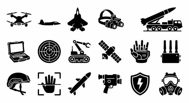 Solid black icons for modern warfare and defense technology. Drones, stealth aircraft, and high-tech military equipment collection. Vector illustration for futuristic defense, cyber warfare, and tacti