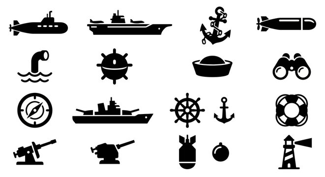 Solid black icons for navy and naval operations. Submarine, battleship, and maritime defense collection. Vector illustration for military history, naval strategy games, and ocean security concepts. Bl