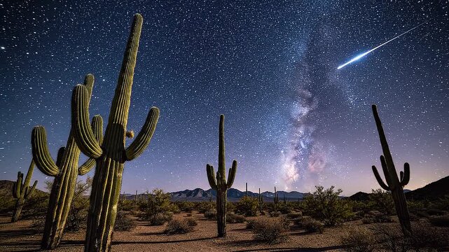 Desert landscape with cacti under starry night sky and moon