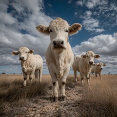 Obraz premium A group of light colored cows stands in a dry grassy field under a blue sky filled with fluffy white clouds on a sunny day in the countryside.