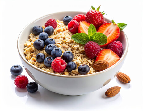 Deconstructed bowl with fiberrich oats, fresh berries, and nuts on a clean white background in a studio.