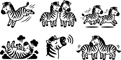 Fototapeta premium Cartoon line art set of six playful zebra icons showing kicking nuzzling running rolling neighing side view minimal vector illustration