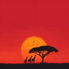 Three giraffes graze beneath a broad acacia tree silhouetted against a vibrant sunset in the African savanna plains landscape illustration.