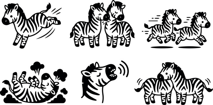 Cartoon line art set of six playful zebra icons showing kicking nuzzling running rolling neighing side view minimal vector illustration