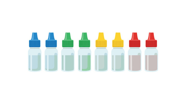 A horizontal row of seven small, clear plastic eye drop bottles with colorful caps stands against a pristine white background.