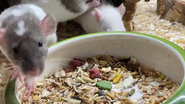 Three young rats foraging around bowl, white and grey coat patterns, nibbling seeds and pellets, wood hideout backdrop, sawdust