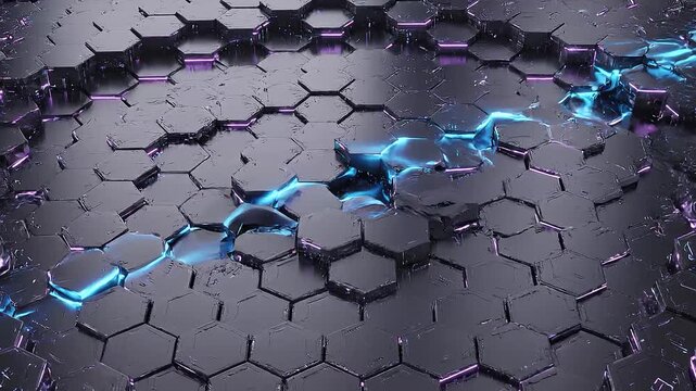 Abstract futuristic hexagonal surface with neon blue light effects