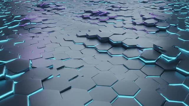 Abstract futuristic hexagonal surface with blue and purple illuminated edges