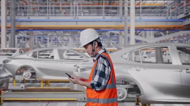 Side View of Asian Male Engineer Use Smartphone While Walking In Car Manufacturing Assembly Line