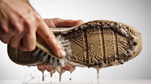 Hands scrubbing dirty sneaker sole with brush and soapy water for cleaning and footwear care content