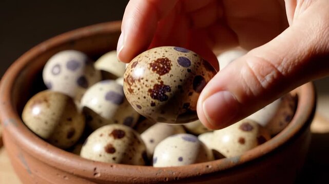 Hand picking quail egg from rustic clay bowl in close up for food and cooking content