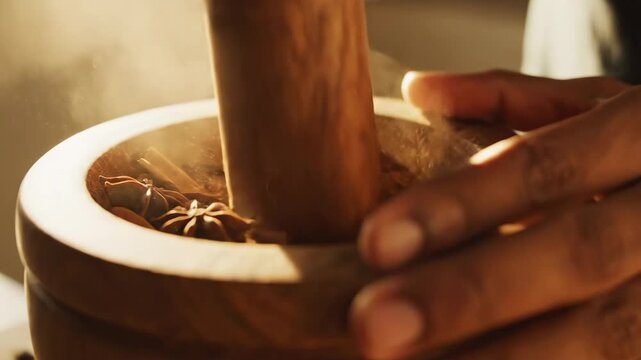 Hands grinding whole spices in wooden mortar and pestle for cooking and culinary content