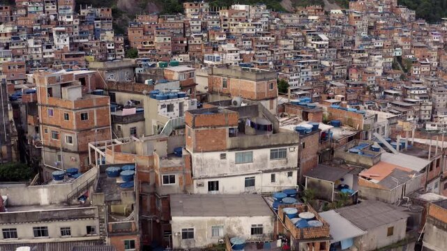 Aerial, drone footage of a favela between Ipanema and Copacabana in Rio de Janeiro.