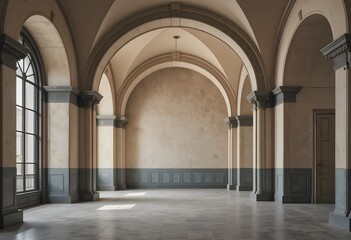 Fototapeta premium abandoned, empty, arched hallway with columns and windows, interior architecture