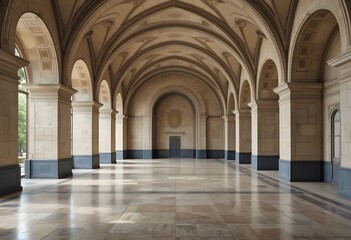 Fototapeta premium abandoned hallway with arches and columns, empty interior, beige stone walls, natural light