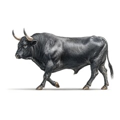 Majestic black bull strides powerfully across a plain white background with horns and a determined expression on a sunny day outdoors.