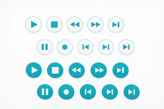Teal media player icons set, play pause buttons, white background, modern design elements