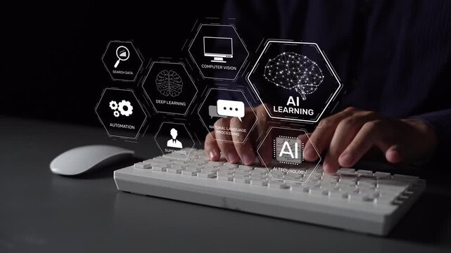 AI learning system involves deep learning, supervised machine learning, and natural language processing. AI learning diagram shows how AI advances learn in automation and data processing. Muxer