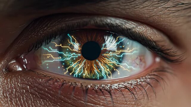Human eye transforming with glowing circuit patterns for artificial intelligence and technology concept
