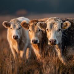 Fototapeta premium Three young curious cows stand close together in a field of dry grass bathed in warm sunlight du golden hour creating a pastoral scene.