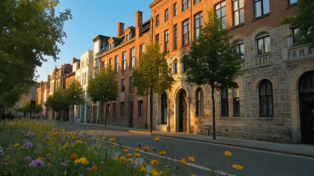 European-style street with old buildings and flowers