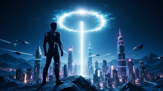 Male character in a futuristic suit overlooking a neon city at night. Interacting with a glowing energy portal in the sky above advanced skyscrapers and flying vehicles