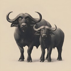Obraz premium Two majestic African buffaloes stand side by side in a vintage-style illustration against a plain background demonstrating family bonding.