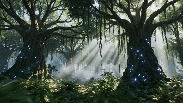 Cinematic camera flight through glowing fantasy jungle forest for game and nature content