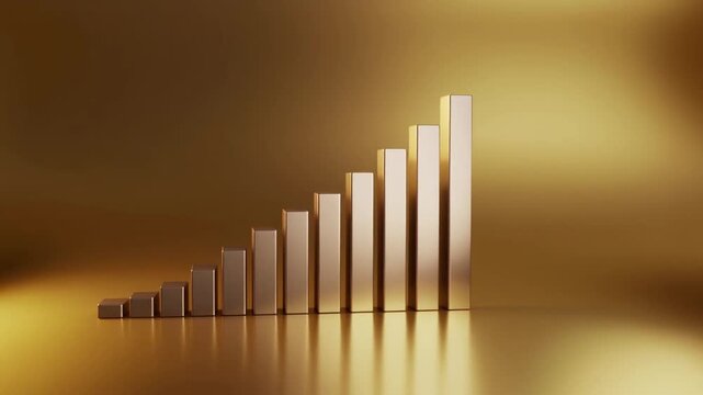 Growing gold bars on shiny floor with gradient background