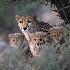 Obraz premium A watchful cheetah mother protectively stands with her three adorable cubs led amongst foliage in the African wilderness on a bright day.