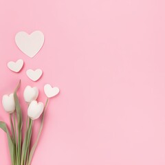 Obraz premium White Tulips and Hearts on Pink Background