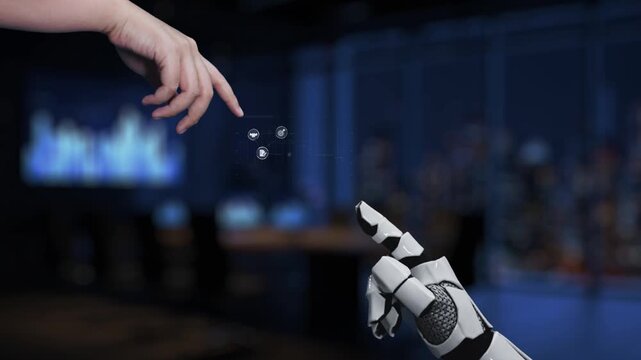 A futuristic scene displaying a robotic hand interacting with various business and technology symbols on a transparent digital screen, emphasizing innovation and progress. Synapse