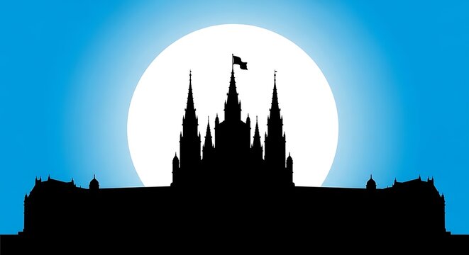 Silhouette of Gothic Castle Tower with Flag Against Full Moon in Night Sky