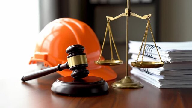 Construction law and labor regulations concept. Judge gavel, scales of justice, and an orange hard hat on a desk representing building industry legal disputes and safety