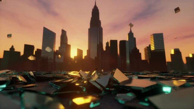 Shattered glass on city street at sunset