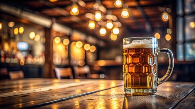 A photo of an empty beer glass mug on a wooden table at a bar