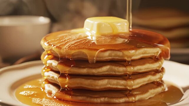 Stack of fluffy pancakes with melting butter and flowing syrup drizzling for food and breakfast content