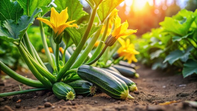 A photo of lush green zucchini plants flourishing in a verdant garden bed, with sundappled leaves and vibrant flowers surrounding the sturdy vines T
