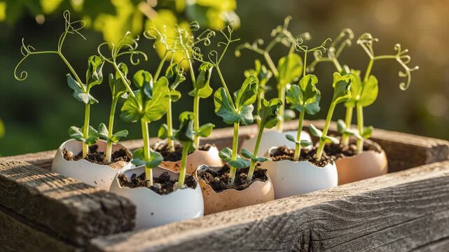 Pea seedlings growing in eggshell planters on wooden tray for gardening and eco content