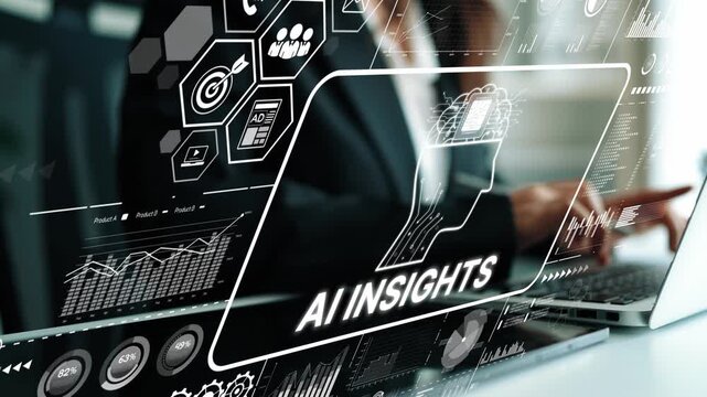 Business Professional Analyzing Data with AI Insights on Laptop Screen in Modern Office Environment. Asymptotic smart data analytic.