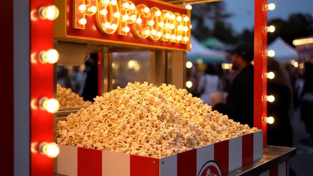 Popcorn machine at a night carnival with a bright retro illuminated sign. Fresh hot snack food steaming in a classic red and white striped container at a street fair